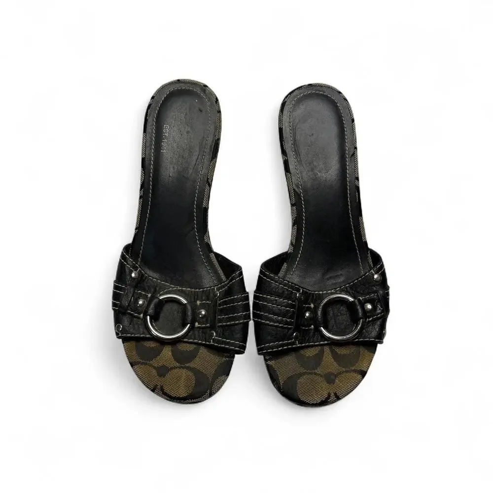 Coach Janessa sig wedge sandals with black and beige monogram pattern size 7.5